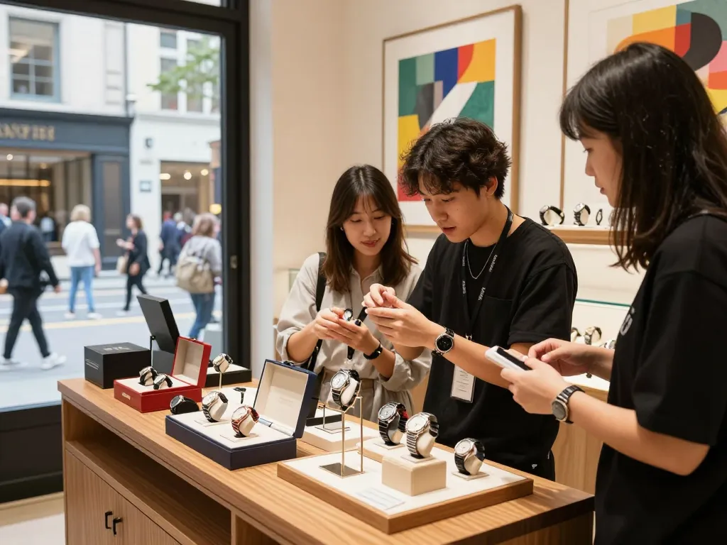 Fashionable shop scene showcasing 시계 레플리카 while a customer browses luxury replicas.