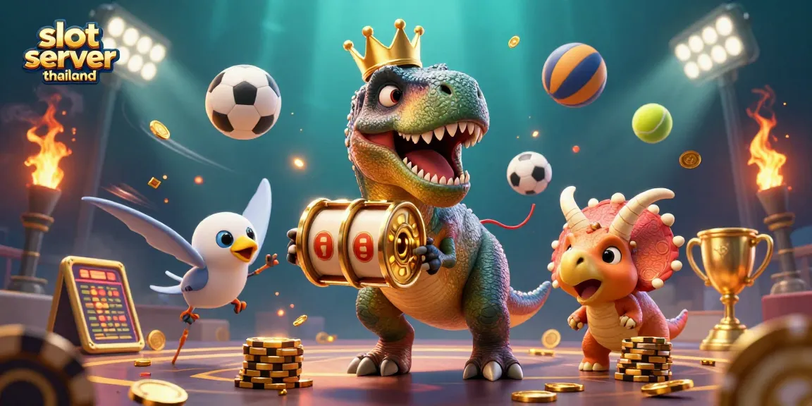 Experience thrilling gameplay with slot server thailand featuring cartoon dinosaurs at a vibrant casino.