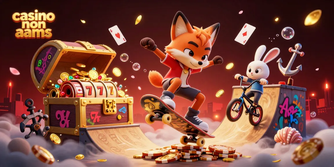Visualizza un emozionante trucco del fox skateboarder nel casino non AAMS, circondato da elementi di gioco come monete e slot.