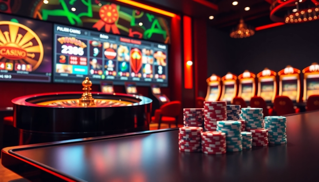 Casino en ligne argent réel France avec des visuels de jeu vibrants, mettant en avant la roulette, les jetons de poker et les machines à sous.