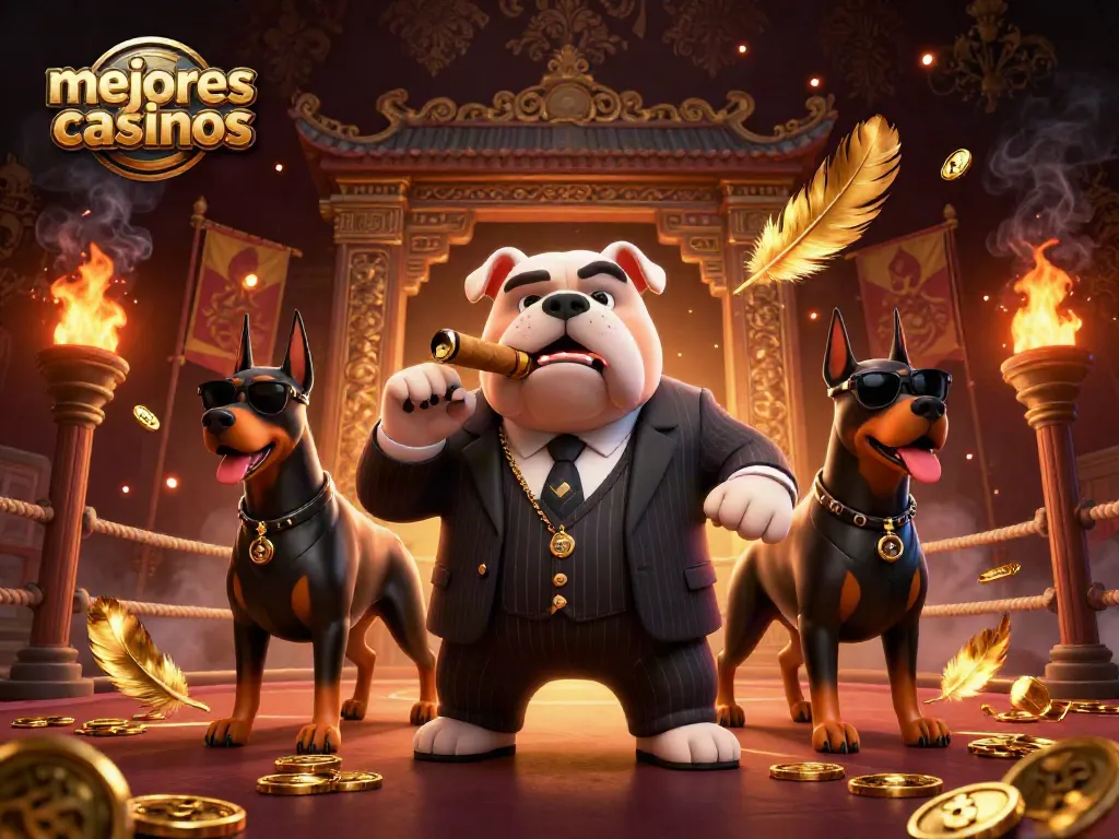 Mejores casinos: vibrante escena de un bulldog mafioso y dóbermans en un casino online.