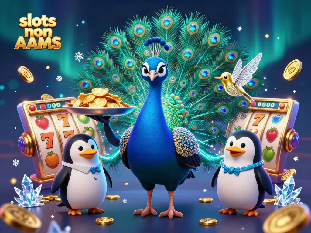 Gioca alle slot non AAMS con l'elegante pavone e il pinguino che serve fiches d'oro.