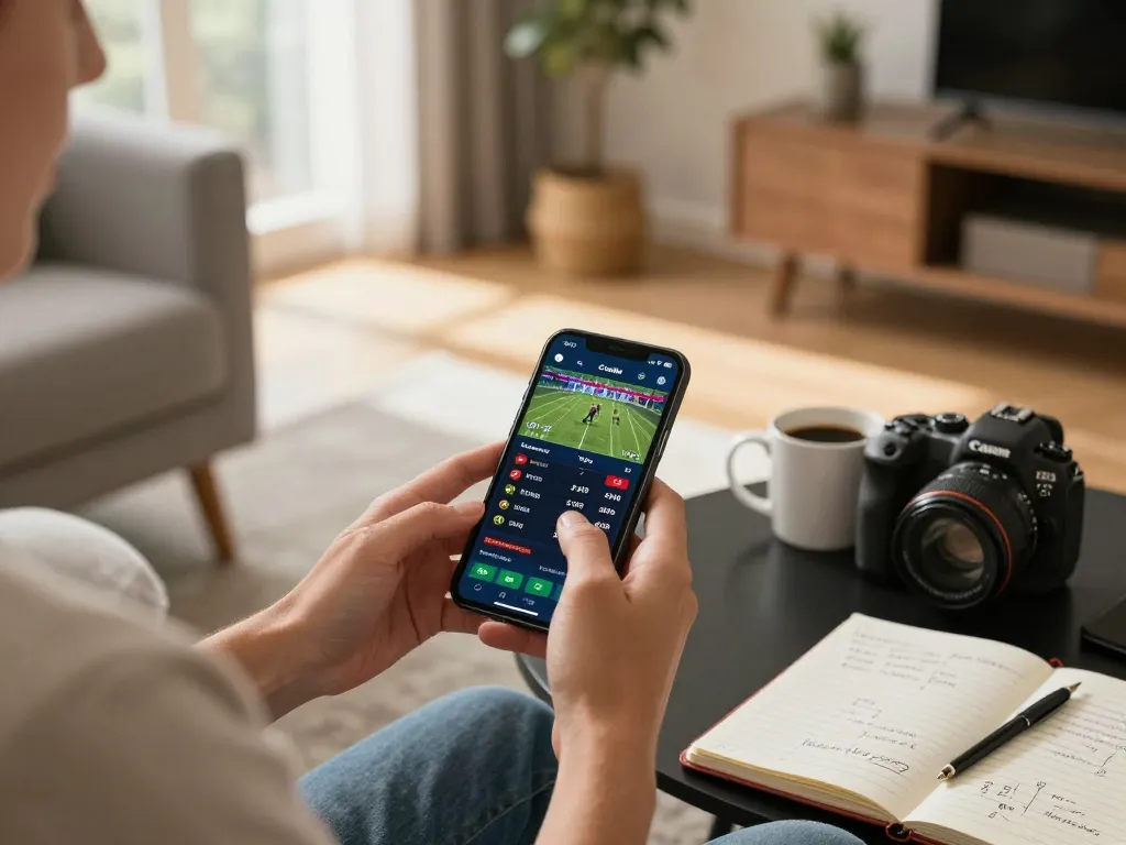 Siti scommesse esteri showcased as a person engages with a sports betting app, highlighting dynamic odds and strategies.