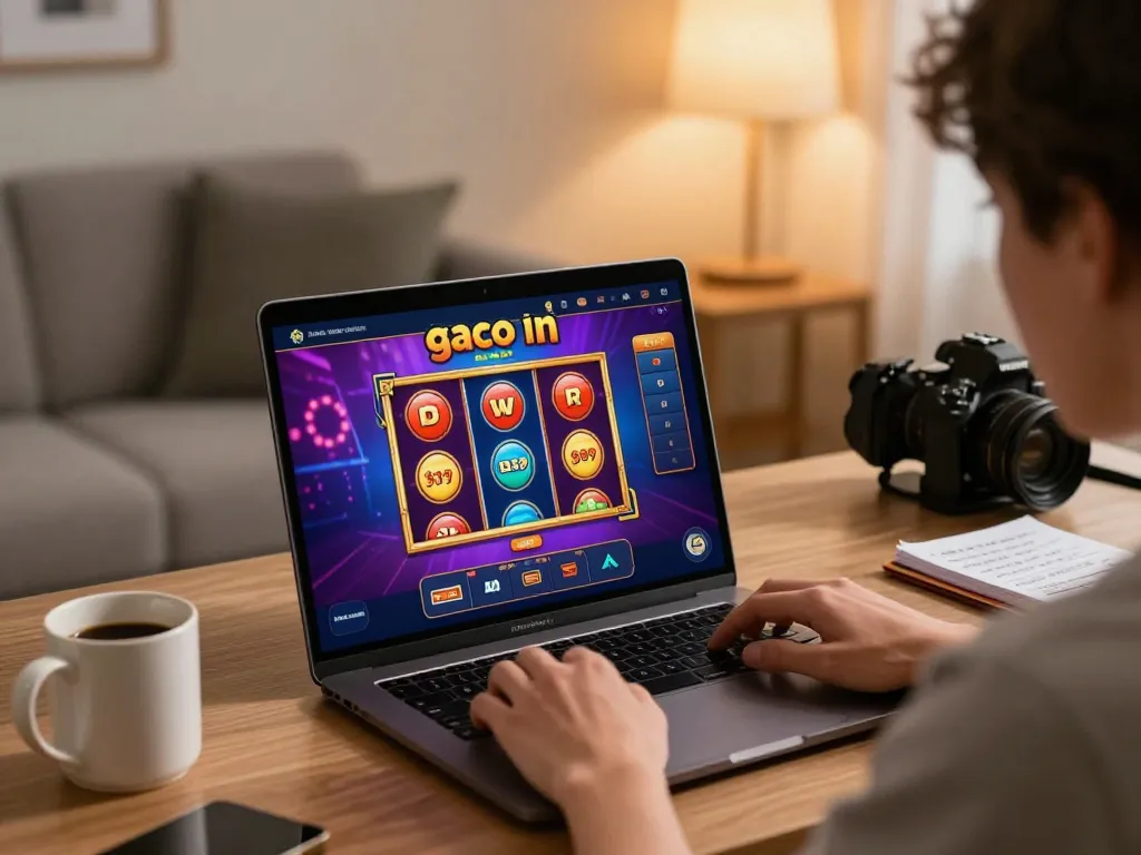 Engaging in slot gacor saat ini gameplay on a laptop, showcasing vibrant casino interface.