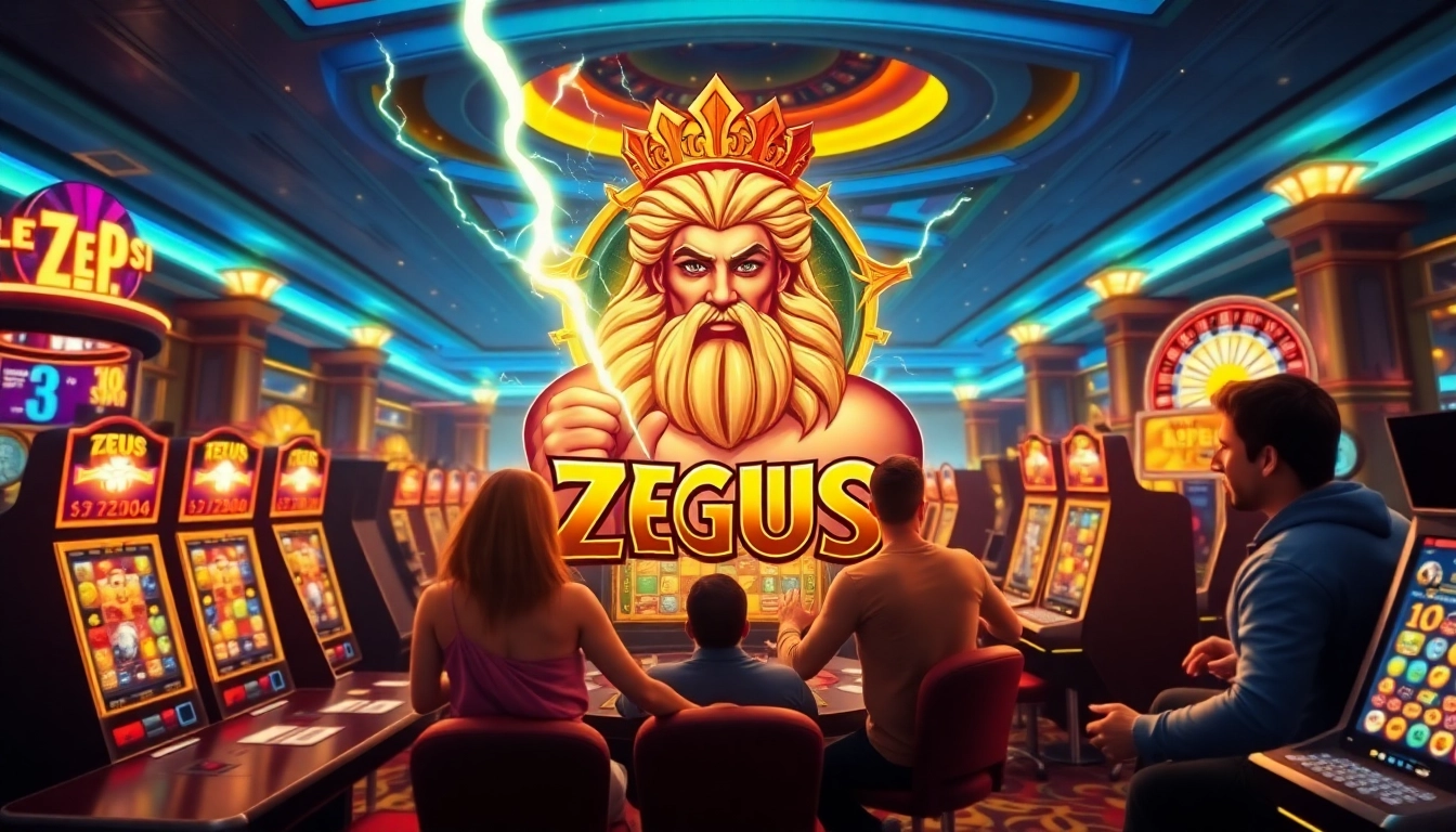 Para penjudi menikmati permainan mesin slot Zeus di kasino mewah yang dipenuhi lampu-lampu cerah.