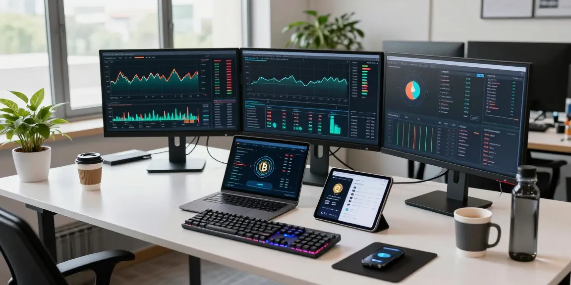 bitcoin mining platform and cryptocurrency trading analytics in a contemporary office with dual monitors showcasing blockchain data.