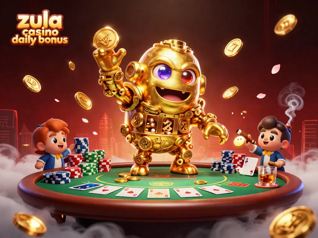 Zula Casino daily bonus illustrated with a golden golem and vibrant poker elements for engaging play.