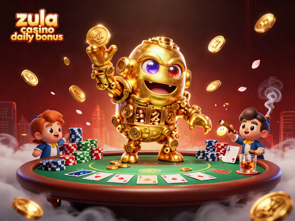 Zula Casino daily bonus illustrated with a golden golem and vibrant poker elements for engaging play.