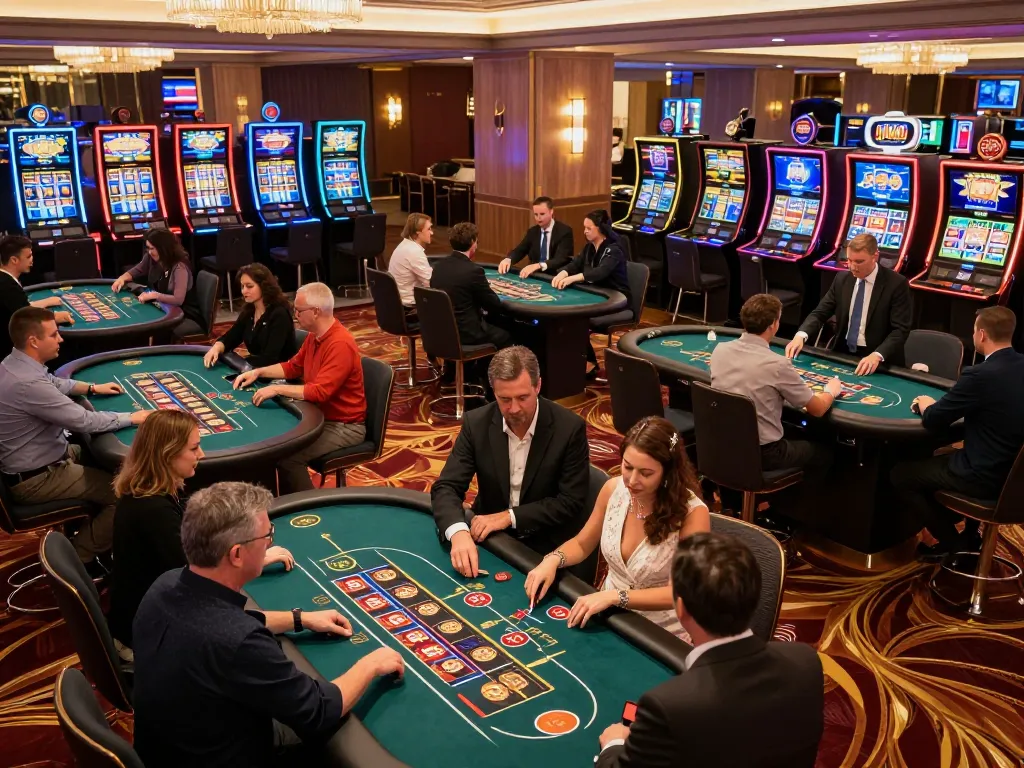 Players enjoying various games at a lista casino online non aams, engaging with vivid slot machines and tables
