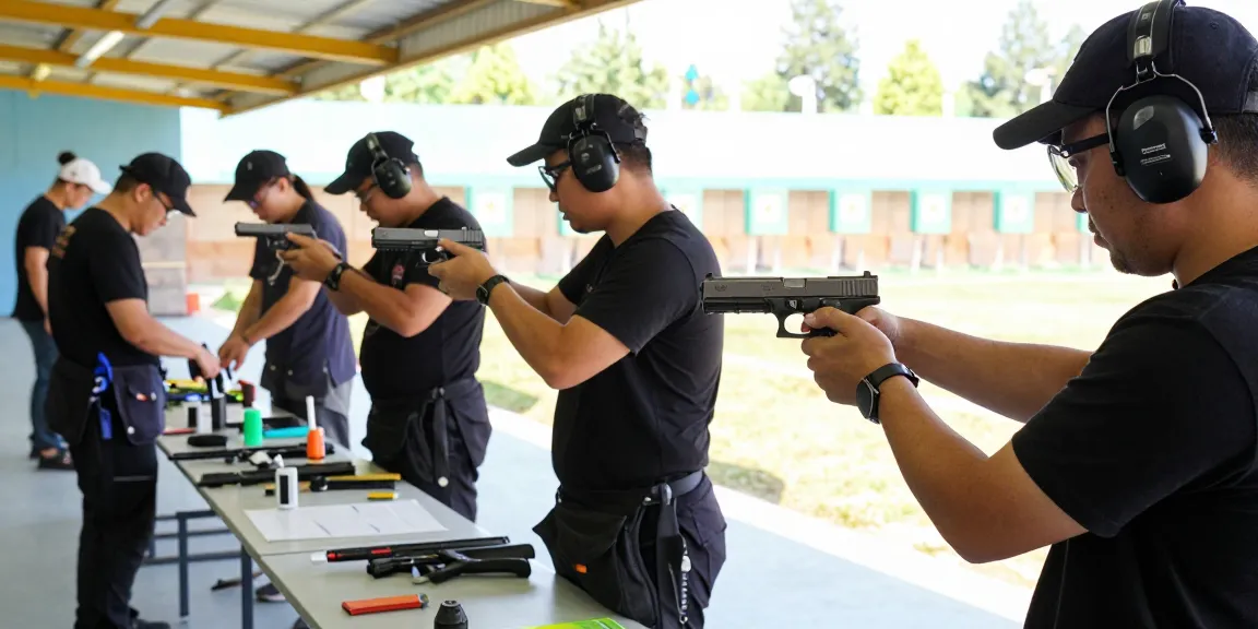 Customized Glock slides showcased at a shooting range, emphasizing precision and performance at https://precisionglockslides.com.