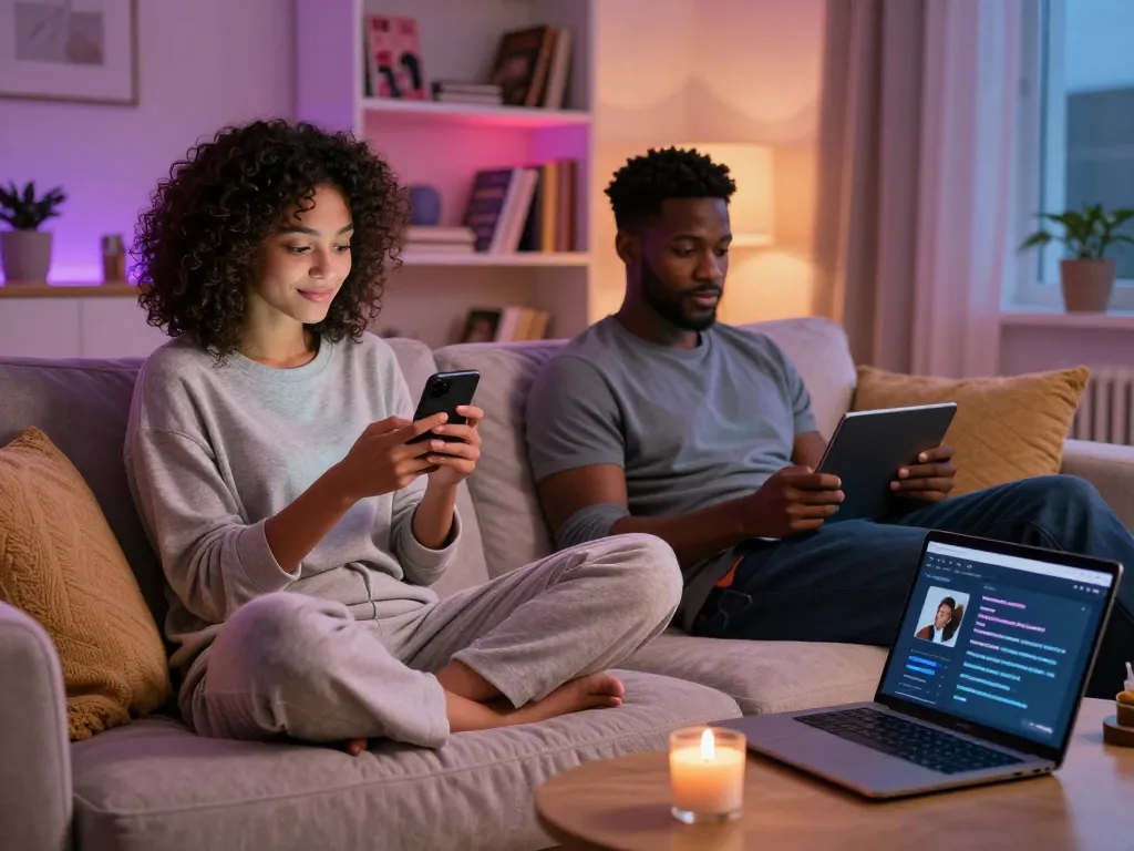 Couple enjoying ai sex chat on smartphones in a cozy living room.