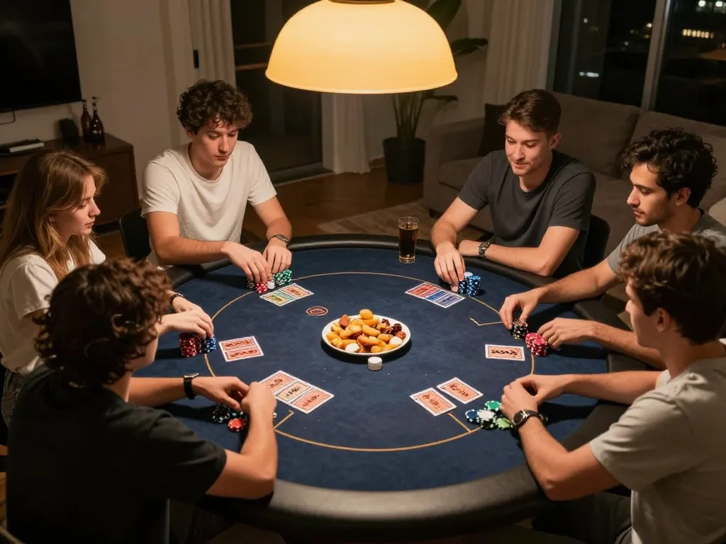 FAFA 828 themed poker night with friends enjoying Texas Hold'em in an inviting home setup.