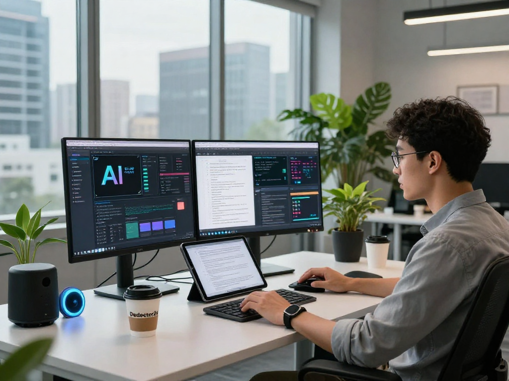 AI detector processing content moderation in a modern workspace setup, illustrating analysis and innovation.