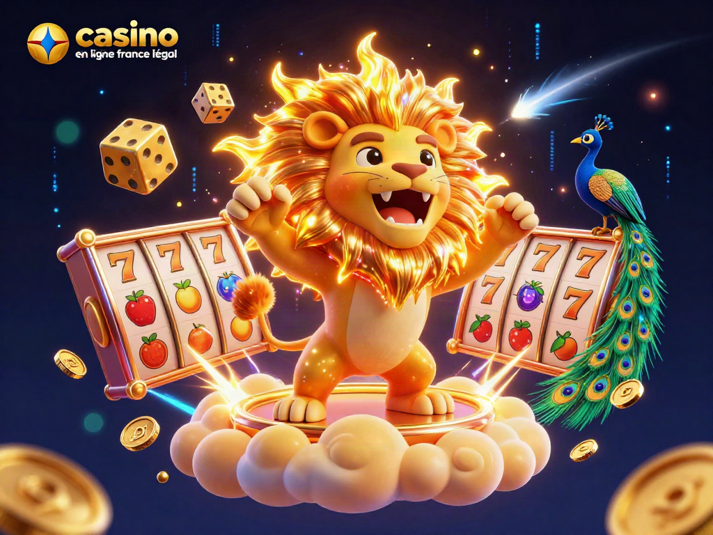 Jouez aux jeux d'argent sur un casino en ligne France légal, avec un lion rayonnant et des éléments de casino vibrants.