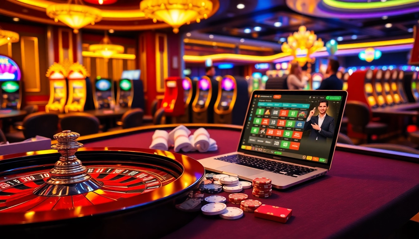 Exciting online gambling scene at nn88 with casino tables, slots, and a roulette wheel.