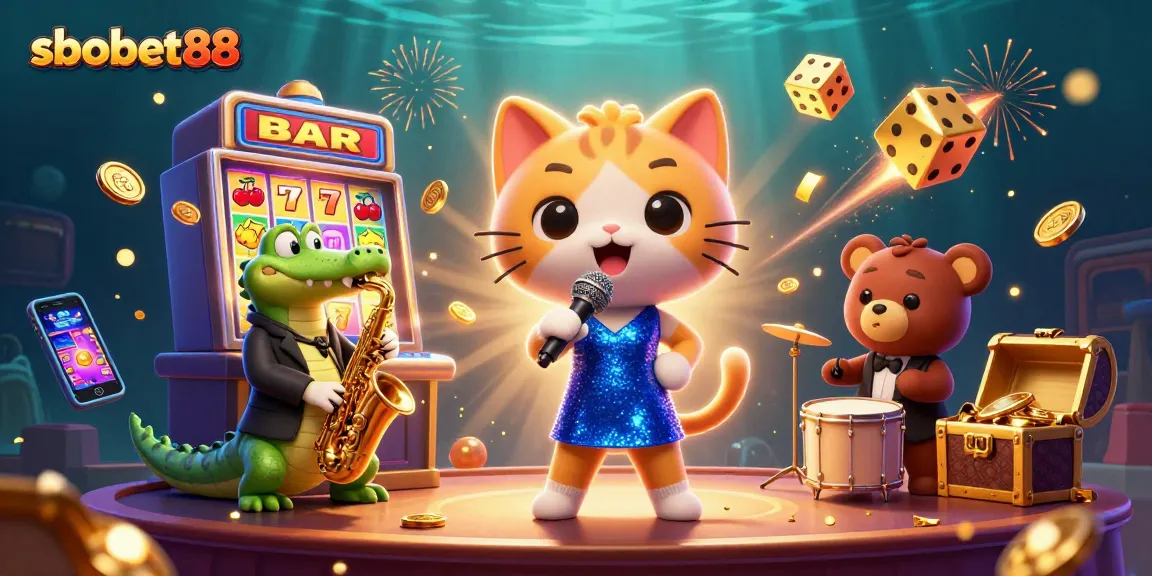 SBOBET88 showcases a vibrant 3D casino scene with charismatic characters and explosive slot machine action.