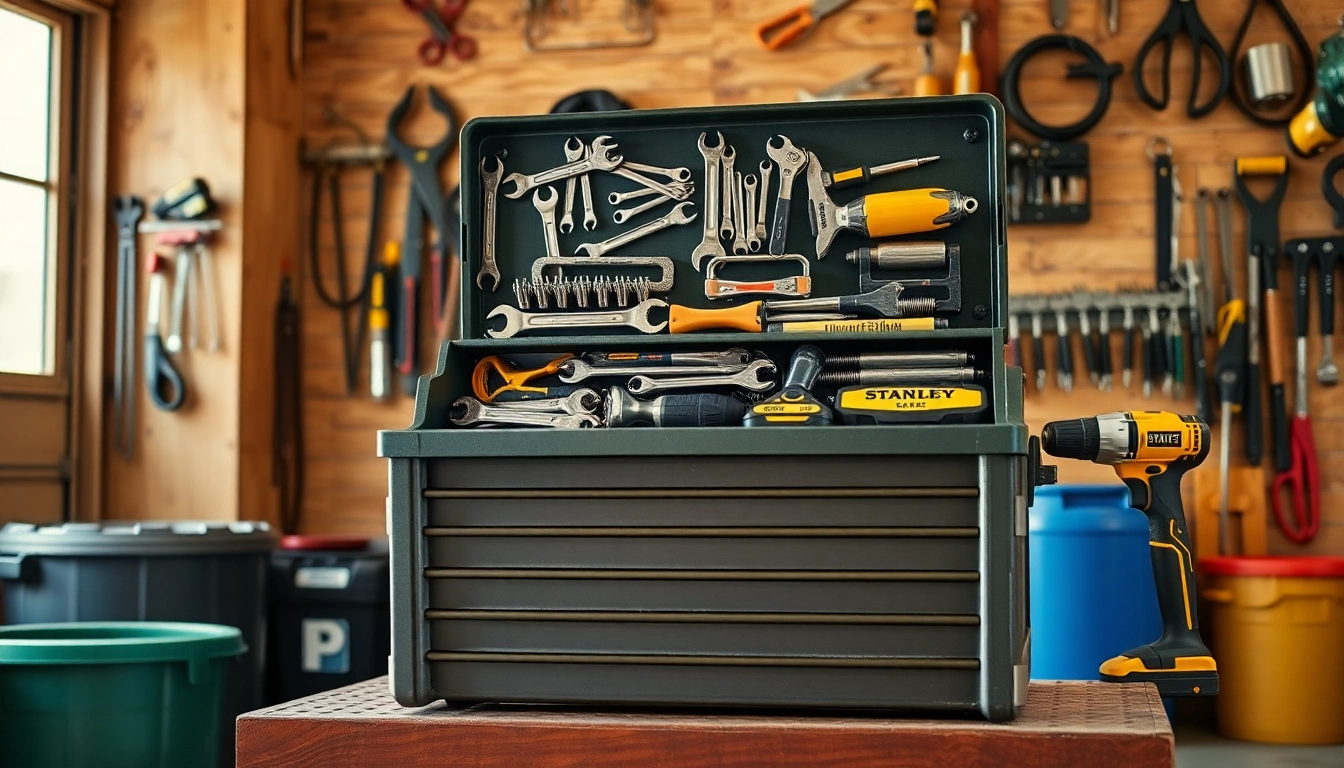 Organize your workspace with the durable Stanley stackable tool box, featuring neatly arranged essential tools.