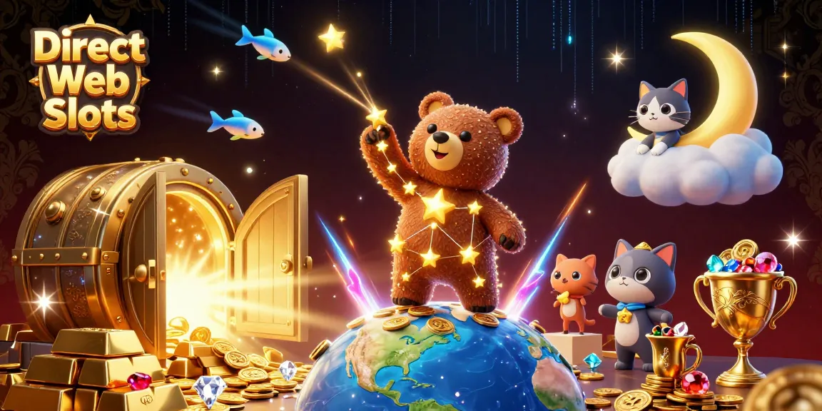 Engage with Direct Web Slots in a vibrant 3D casino scene filled with golden treasures and cosmic characters.