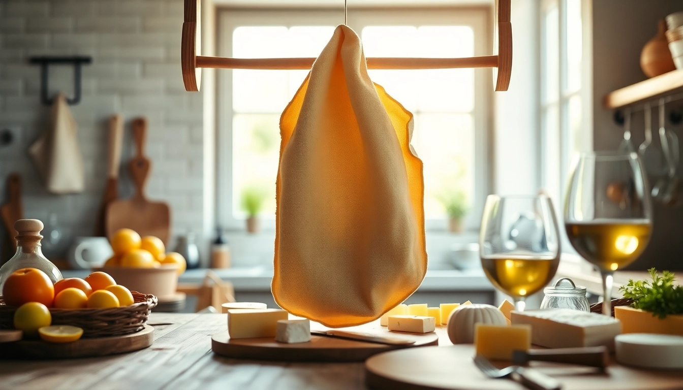 Kaasdoek prachtig weergegeven in een professionele keuken, omringd door vers gemaakte kazen.