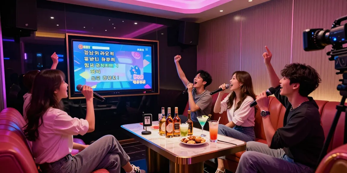 Experience the lively atmosphere of 강남가라오케 with friends in an elegant karaoke room filled with vibrant lights and cocktails.