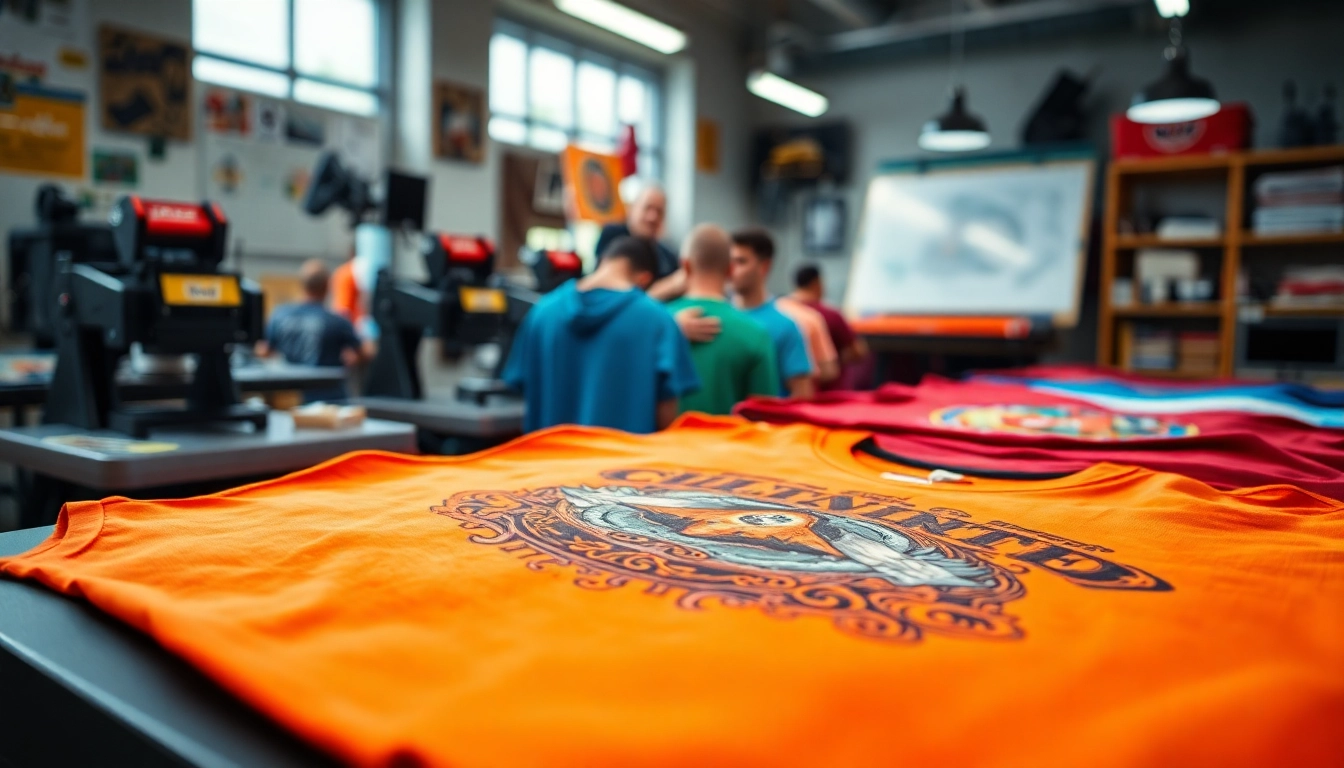 Engaging scene of t shirt printing edmonton services with detailed designs and vibrant colors.