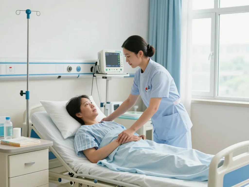 Adjustable giường bệnh nhân in a hospital room with a nurse aiding a patient for comfort and care.