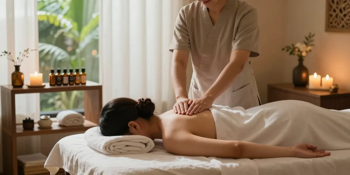 Relaxing Swedish massage setting featuring a therapist, soft lighting, and aromatic oils