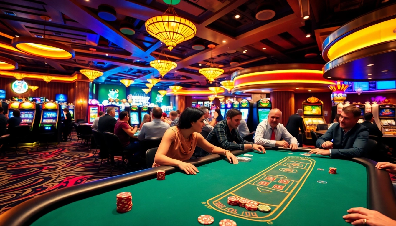 Permainan seru di kasino PLANET77 dengan pemain antusias di meja poker yang mewah.