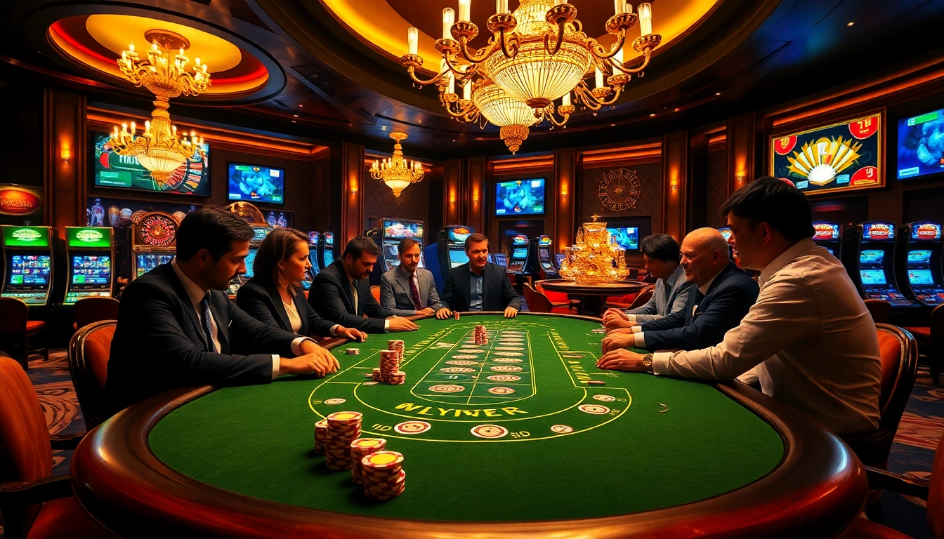 Scène engageante de jeu de poker mettant en valeur casino en ligne argent réel france avec des jetons vibrants et des tables de luxe.