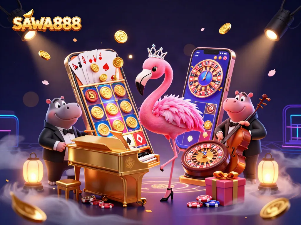 Experience thrilling games at SAWA888 with a vibrant casino scene featuring a singing flamingo and hippo bassist.