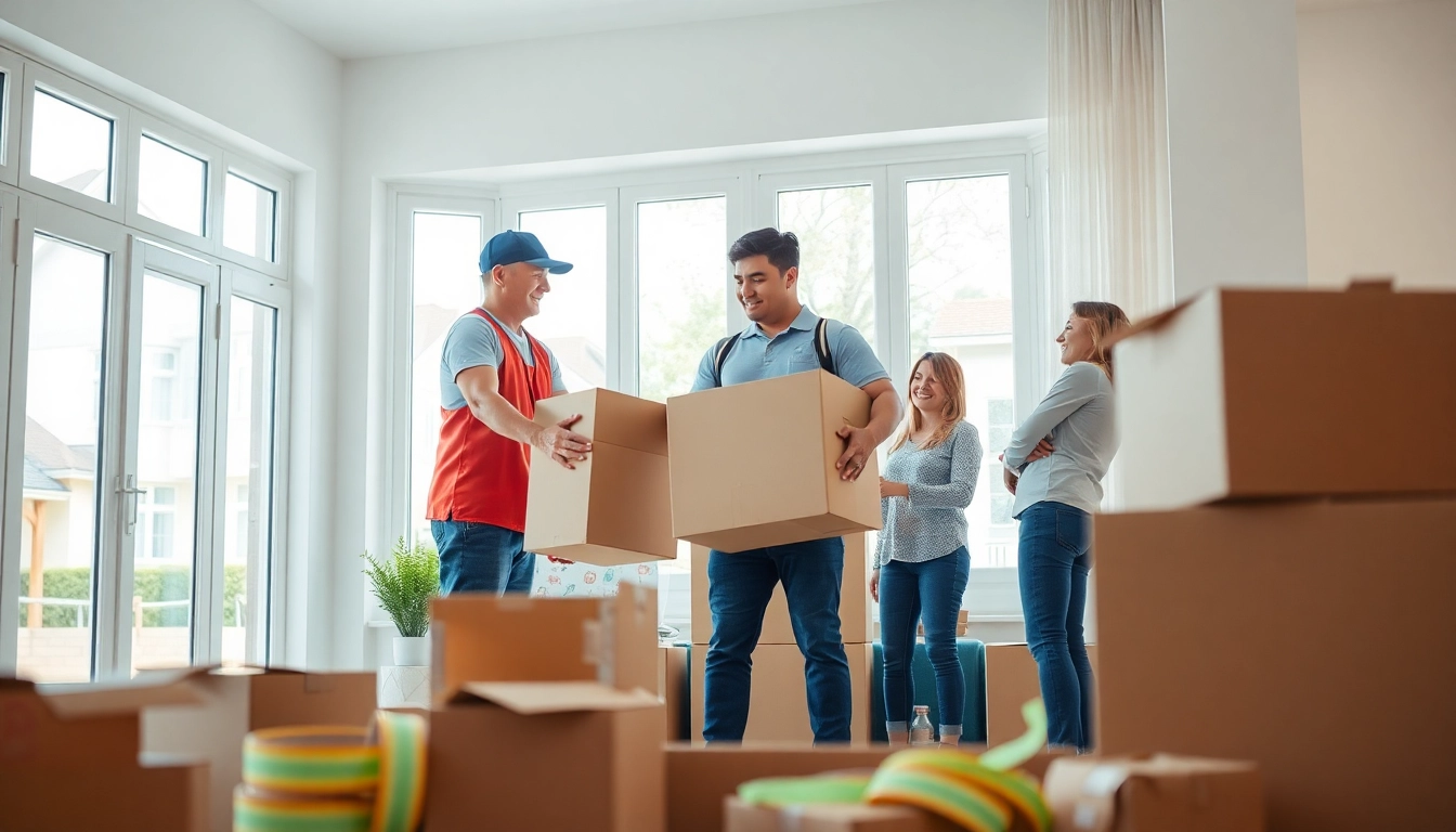 Family experiencing moving companies across provinces with professional movers packing their home.