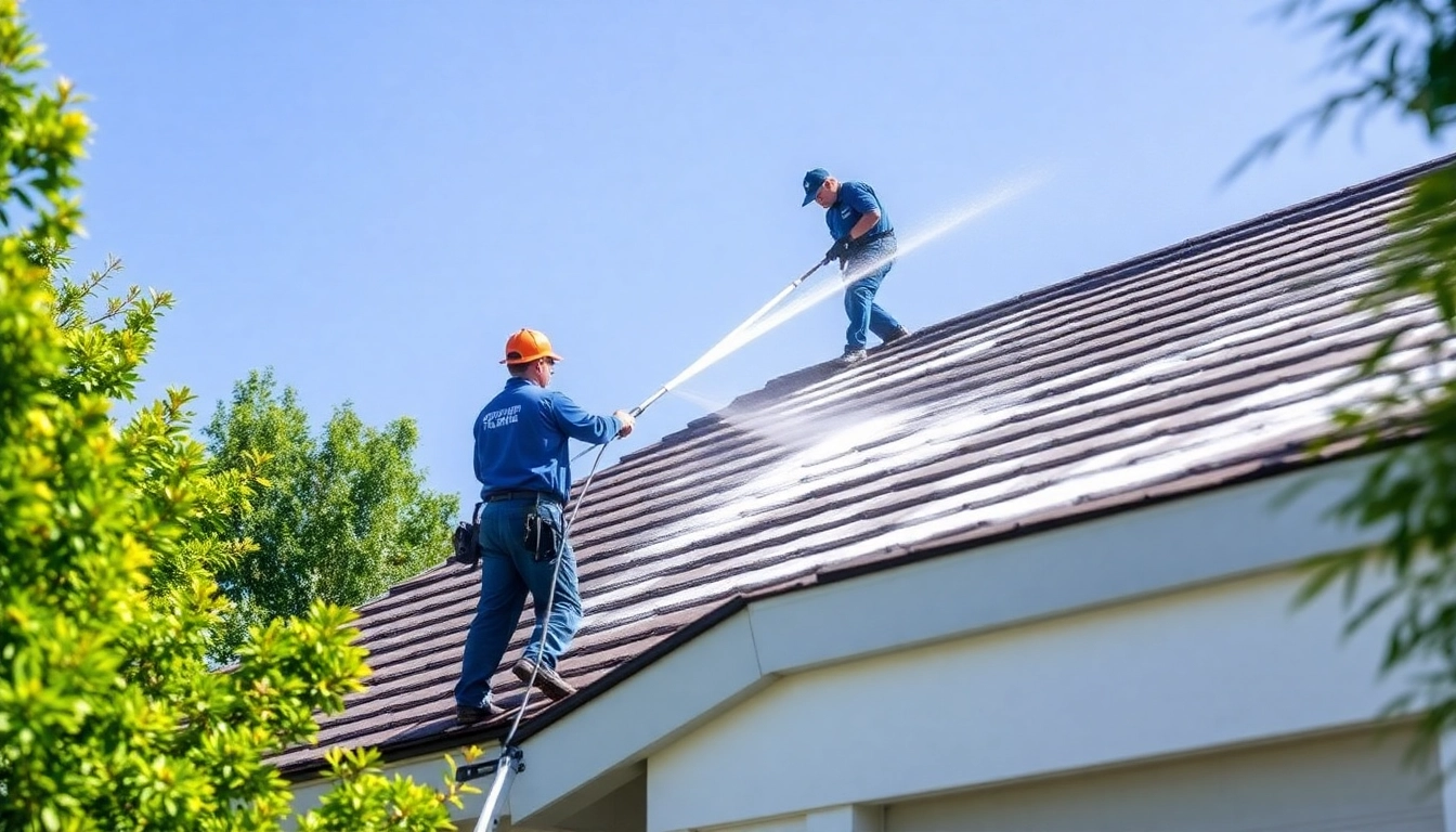 Roof cleaning service in Kissimmee, FL, showcasing soft washing technology by professionals.