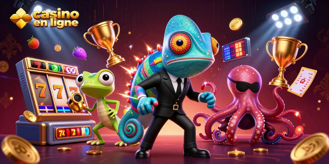 Jouez au casino en ligne avec une illustration colorée de l'agent caméléon et de ses alliés.