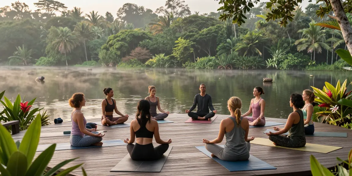 Yoga retreat Sri Lanka with participants practicing Synergy Vinyasa at Koggala Lake during sunrise, surrounded by lush nature.