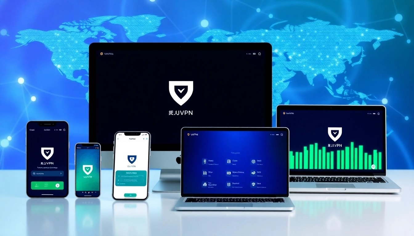快连下载：展示跨设备的无缝连接，配备现代 VPN 应用界面