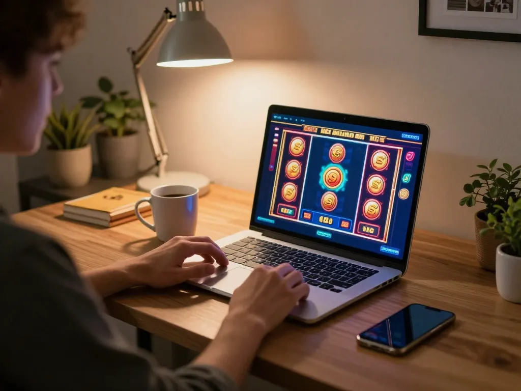 Engaging with slot bonus new member 100 at home with a laptop and cozy atmosphere.