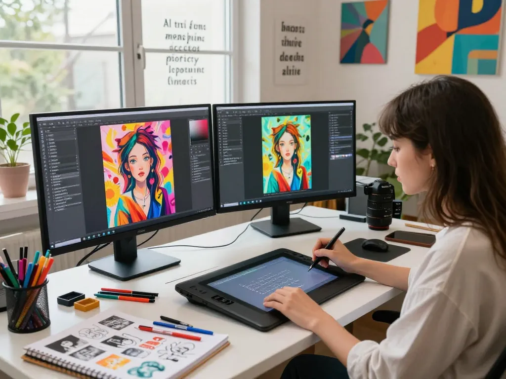 Artist creating stunning visuals with an image to prompt ai tool in a vibrant, inspiring digital art studio.
