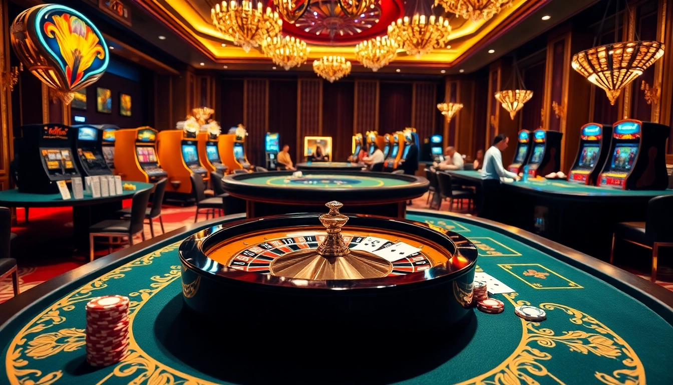 Adegan kasino yang hidup pada situs deposit 5k yang menampilkan meja roulette dan chip poker dalam suasana mewah.