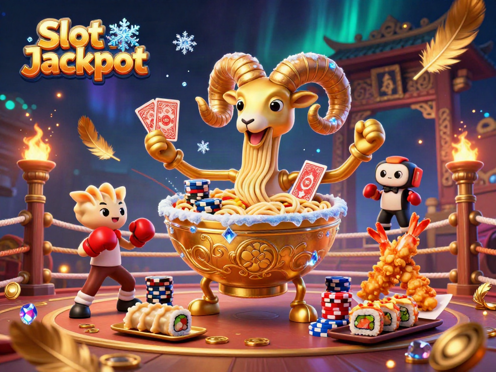Gambarkan Slot Jackpot dengan ramen raksasa, dealer sushi, dan para penyemangat tempura di arena yang dinamis dalam ilustrasi 3D.
