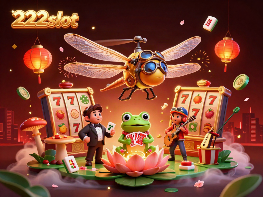 Permainan slot di 222slot dengan suasana kasino yang ceria, aksen, dan elemen visual menarik.
