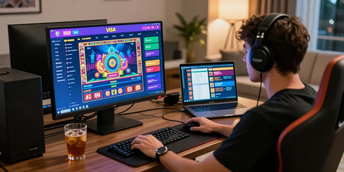 Engaged player enjoying visa casinos at home with modern gaming setup.