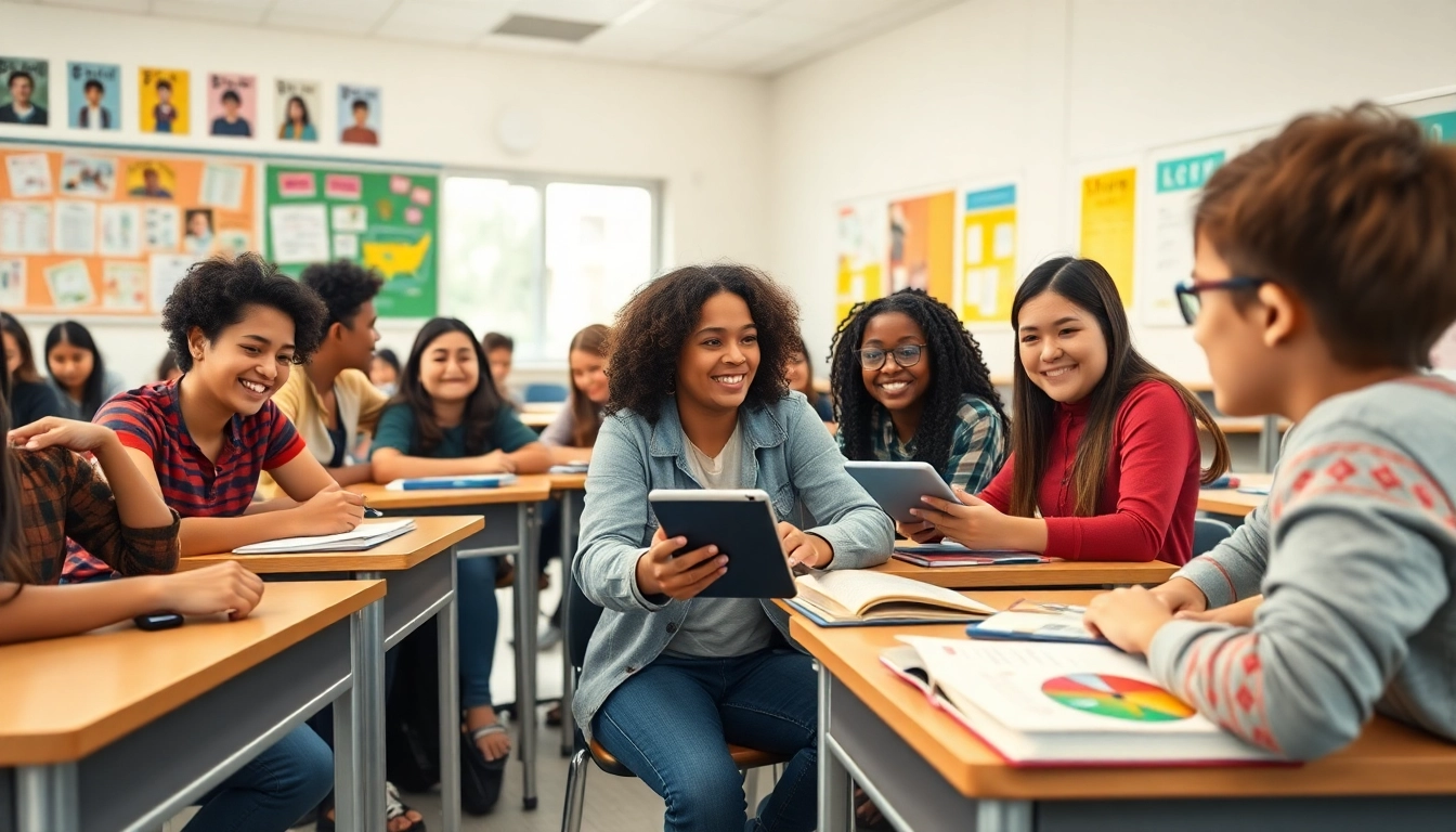 Education fosters collaboration and innovation among diverse students in a vibrant classroom setting.