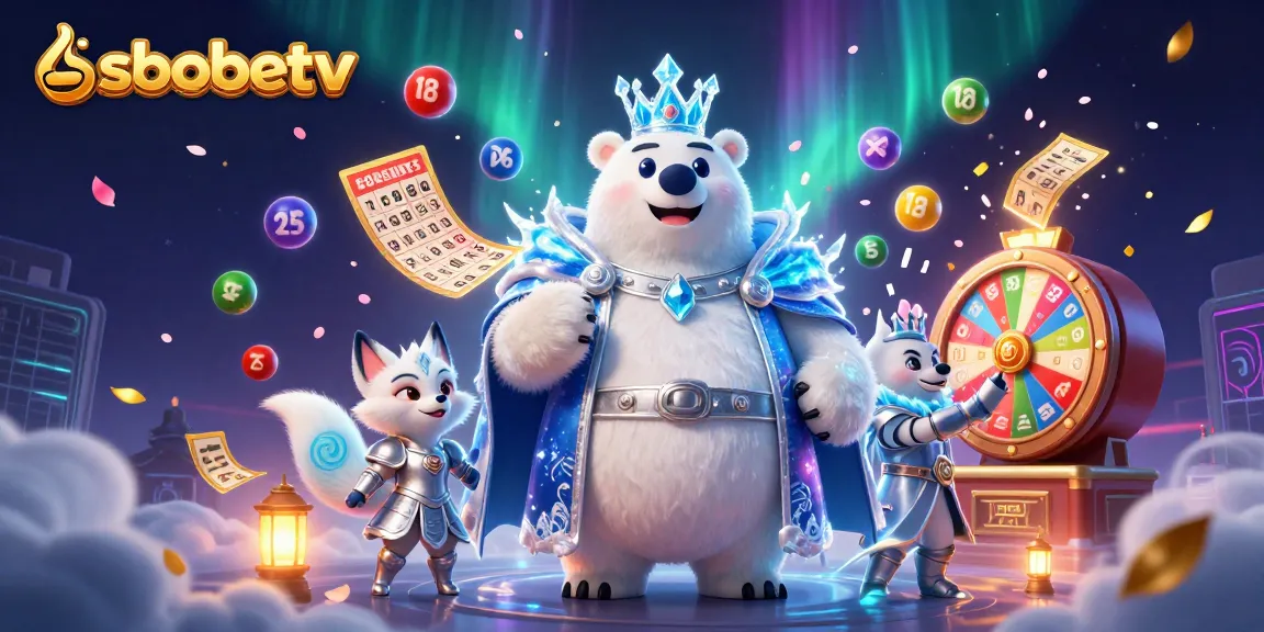 Engage in thrilling sbobetv experiences with a polar bear and snow fox in a vibrant casino scene.