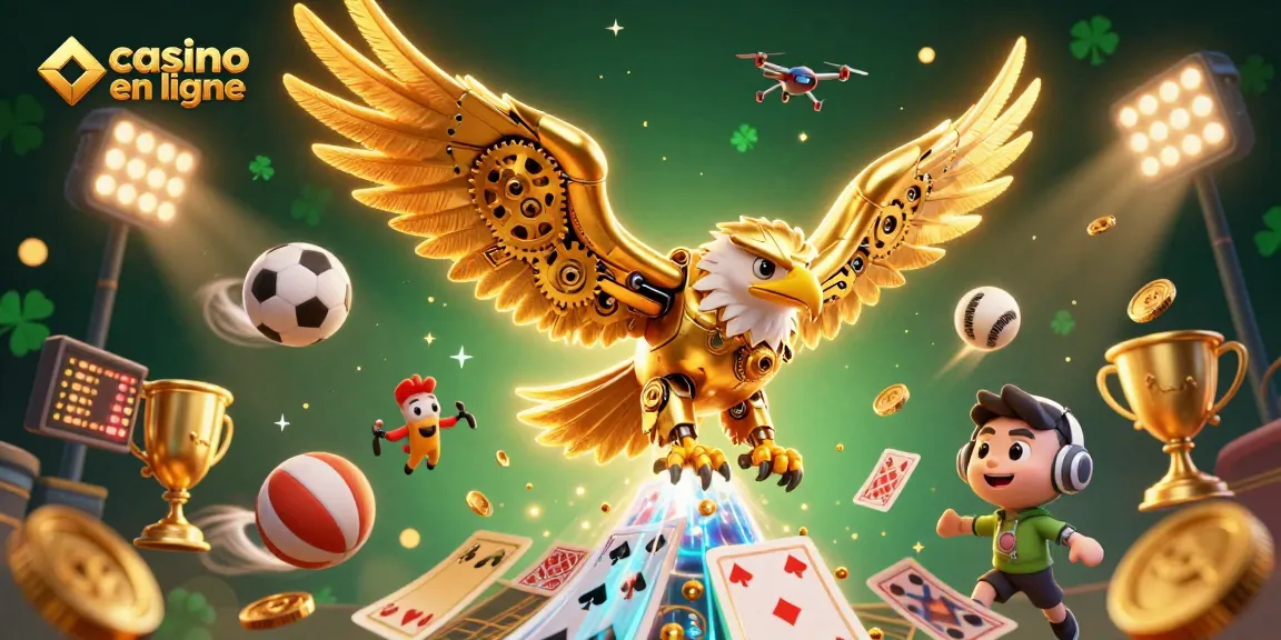 Plongez dans le casino en ligne avec un aigle cybernétique doré parmi des cartes holographiques.
