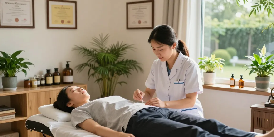 수원한의원 practitioner administering acupuncture in serene treatment room.