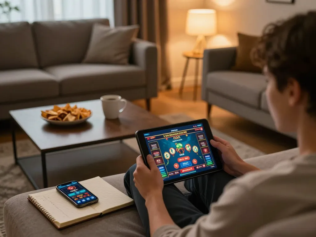 Person using a tablet for casino senza licenza adm gaming in a cozy living room.