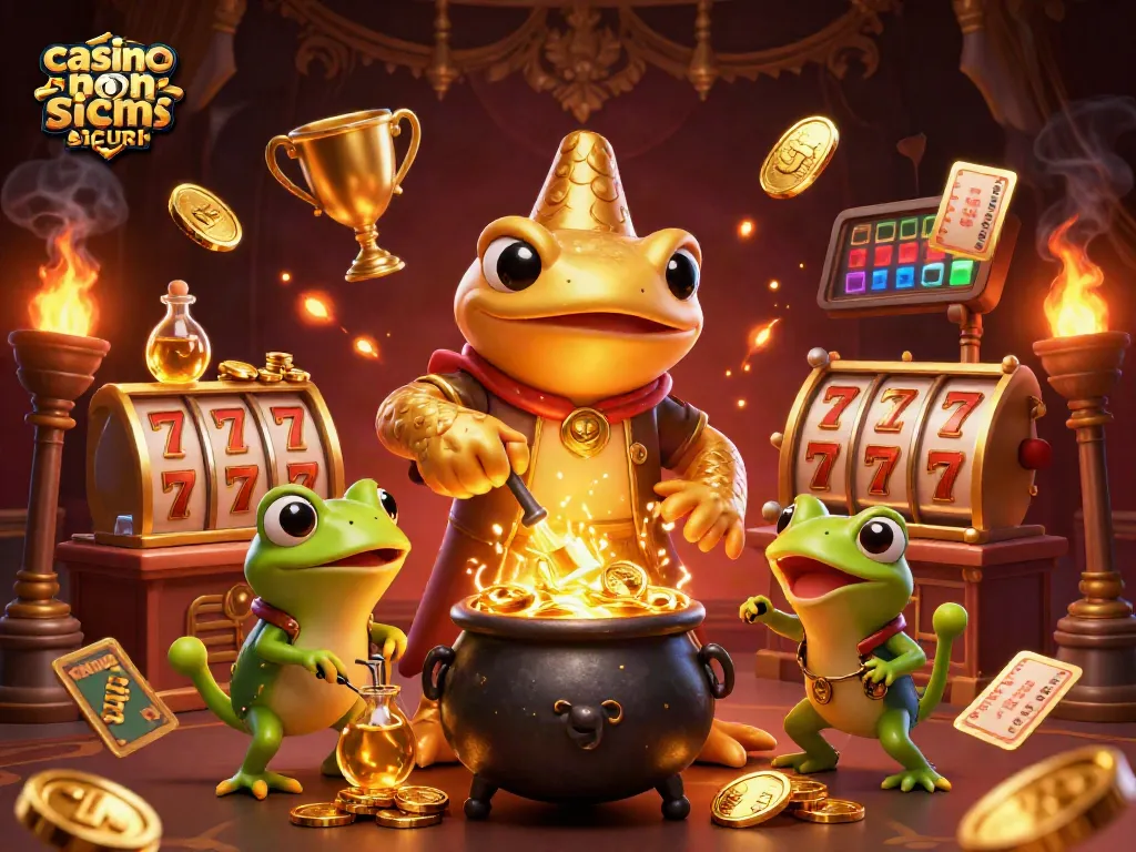 Una scena vibrante di casino non AAMS sicuri con un alchimista dorato e slot machine estraendo oro.