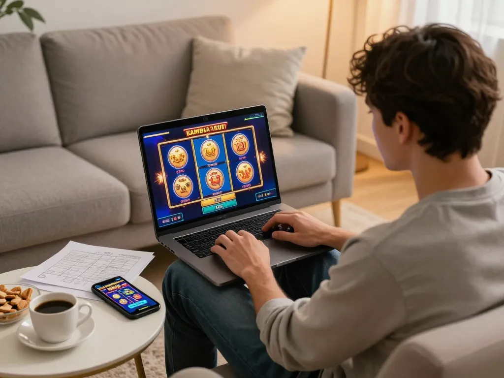 Playing slot kamboja bet 100 on a laptop, engaged in an exciting online casino gaming session at home.