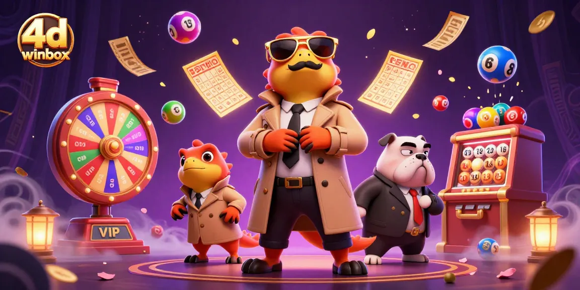 Bet on 4D Winbox with vibrant lottery balls, a trio of raptors in disguise, and a bouncer in a thrilling casino setting.