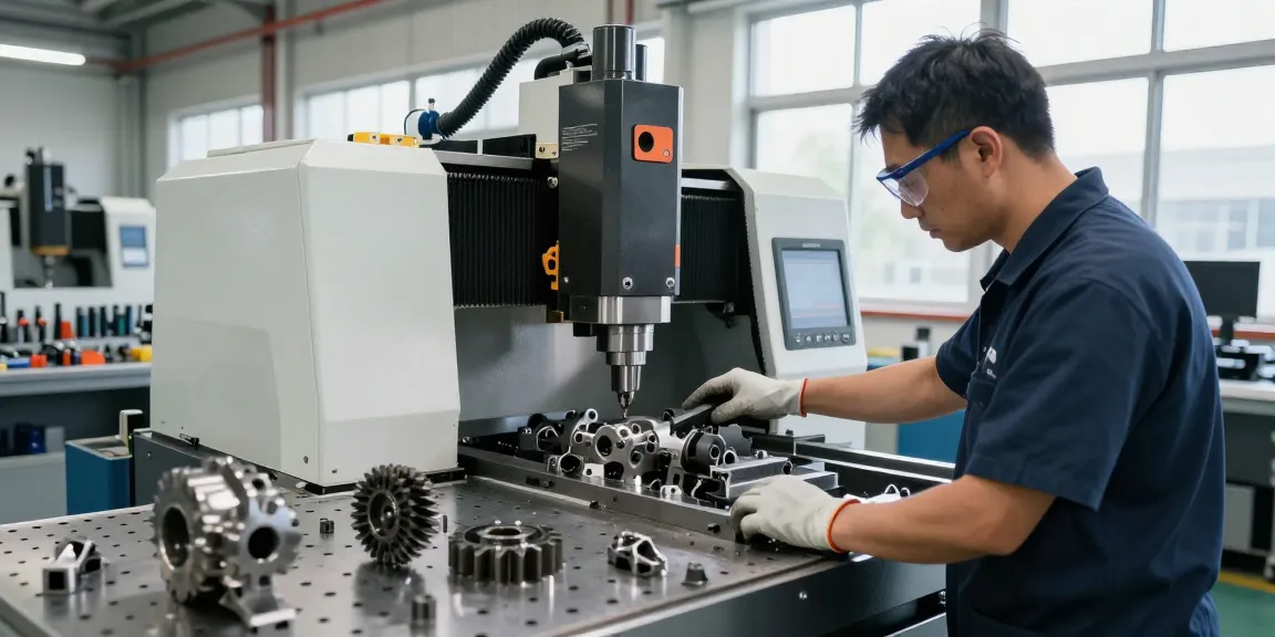 CNC machining parts being crafted by a technician in a modern workshop environment.